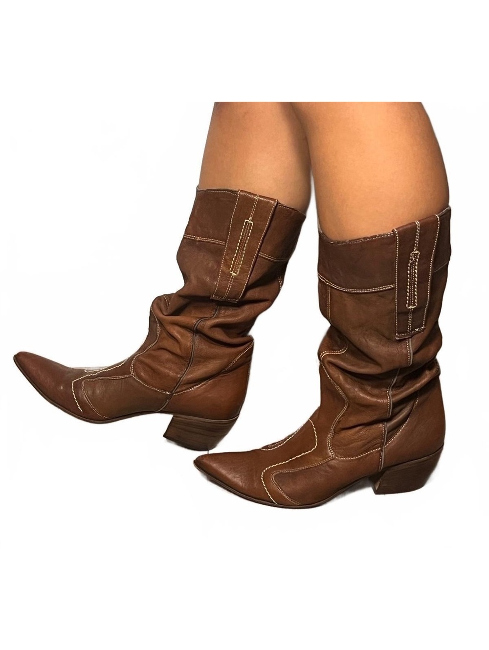 Vic Matie Italian Leather Slouch Cowboy Boots Brown Pointed Toe Y2K Size 38.5 - Picture 5 of 9